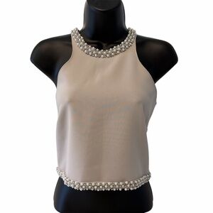 Custom Designer Beige Taupe Pearl & Crystal Trim Halter Tank Couture Custom Made